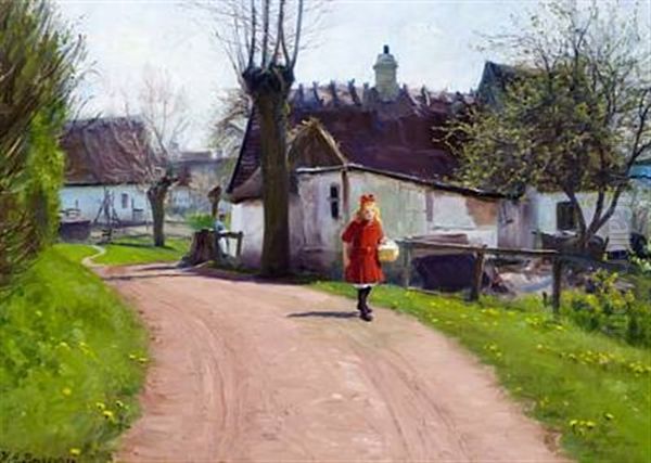 An Early Spring Day In The Village With A Little Girl In A Red Dress With Her Packed Lunch Oil Painting by Hans Andersen Brendekilde