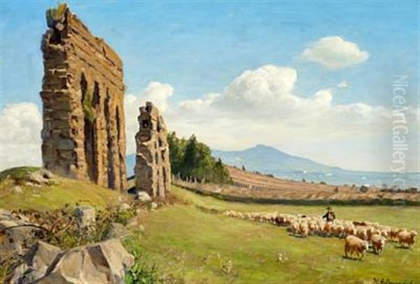 A Shepherd And His Sheep In The Roman Campagna Oil Painting by Hans Andersen Brendekilde