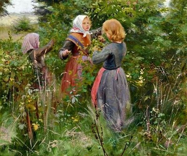 Three Little Girls Picking Blackberries Oil Painting by Hans Andersen Brendekilde