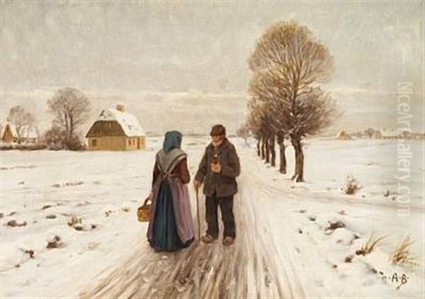 Winter Landscape With An Old Couple On A Road Oil Painting by Hans Andersen Brendekilde