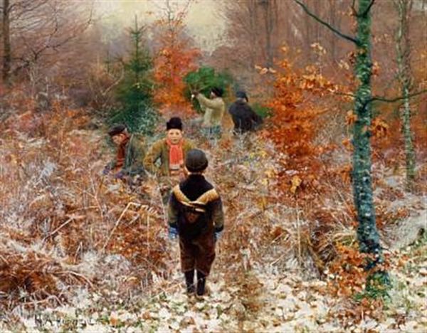 Cutting Christmas Trees In The Forest, In The Foreground Boys Playing In The Snow Oil Painting by Hans Andersen Brendekilde