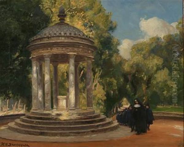 A Nun With Her Students In The Borghese Park In Rome Oil Painting by Hans Andersen Brendekilde