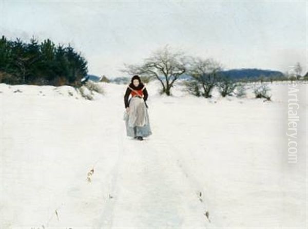 A Peasant Woman On A Snowy Path Oil Painting by Hans Andersen Brendekilde