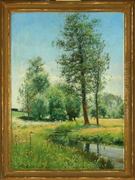 Flowering Meadow With Trees And Stream, In The Background Children Oil Painting by Hans Andersen Brendekilde