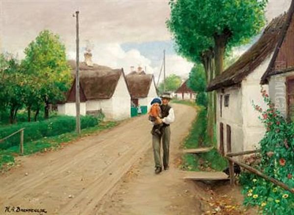 Grandfather With His Granddaughter Walking Down The Village Street Oil Painting by Hans Andersen Brendekilde