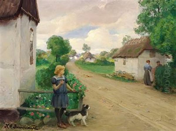 Village Street With A Girl At A White Cottage Oil Painting by Hans Andersen Brendekilde