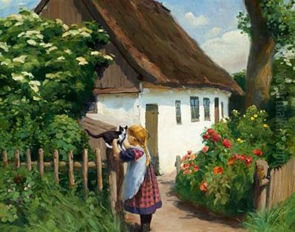 Summer Day In The Village With A Little Girl And A Kitten Oil Painting by Hans Andersen Brendekilde