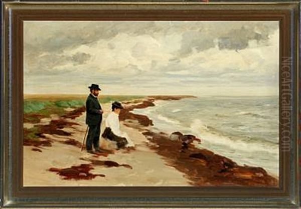 Scenery From Karrebaeksminde With People On The Beach Oil Painting by Hans Andersen Brendekilde