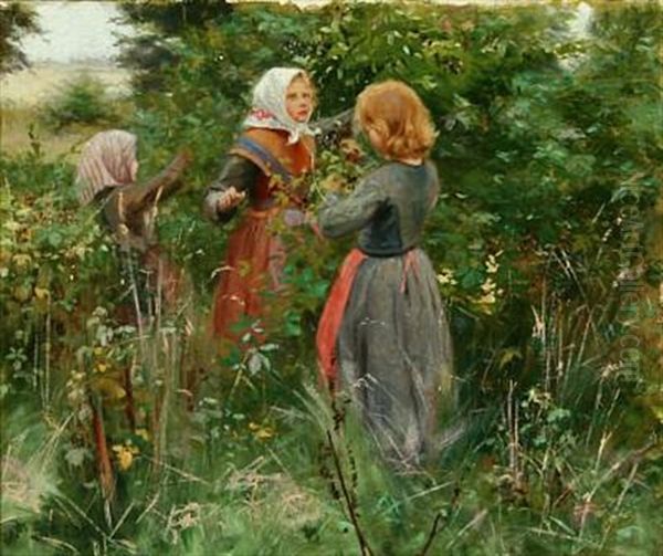 Glade With Girls Blackberrying Oil Painting by Hans Andersen Brendekilde