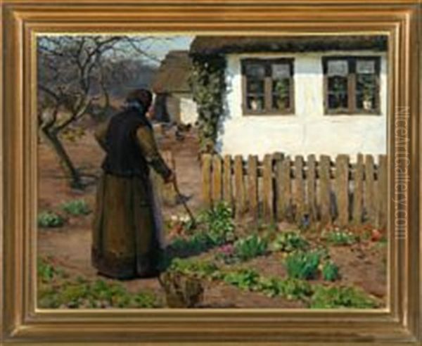 Gammel Kone I Foraarssol Oil Painting by Hans Andersen Brendekilde