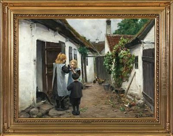 Farm Exterior With Children Playing With A Cat Oil Painting by Hans Andersen Brendekilde