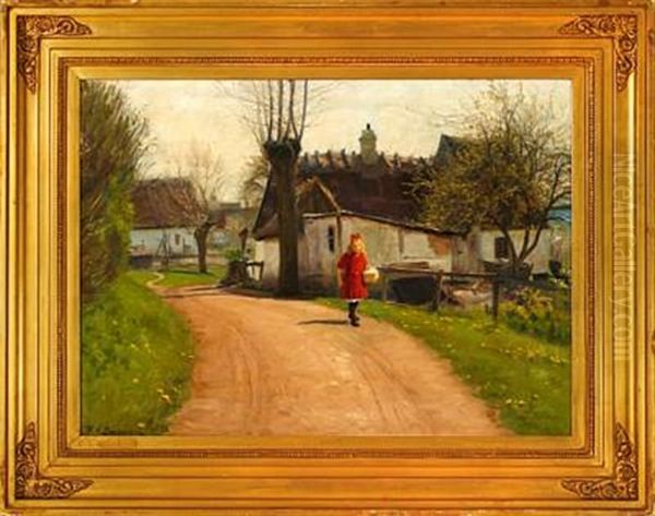 Girl With A Picnic Basket On A Village Road, Early Springtime Oil Painting by Hans Andersen Brendekilde