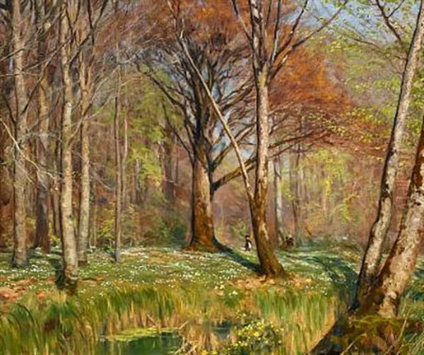 Children In A Spring Forest With Anemones In Bloom Oil Painting by Hans Andersen Brendekilde