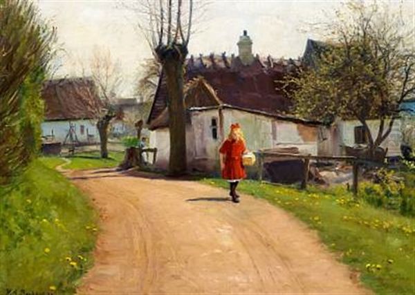 Girl With A Picnic Basket On A Village Road, Early Springtime Oil Painting by Hans Andersen Brendekilde