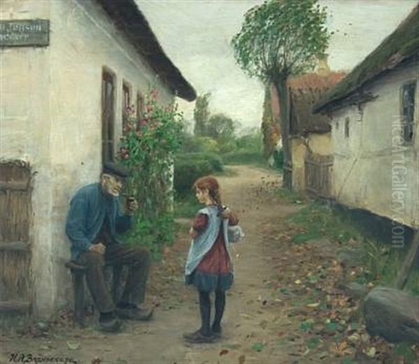 Scenery With Pipe Smoking Man And Young Girl Oil Painting by Hans Andersen Brendekilde