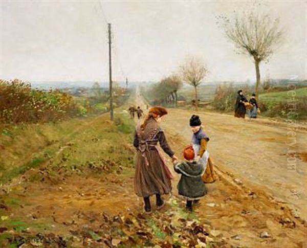 The First Steps, Little Sister Gets Help From Her Big Sisters Oil Painting by Hans Andersen Brendekilde