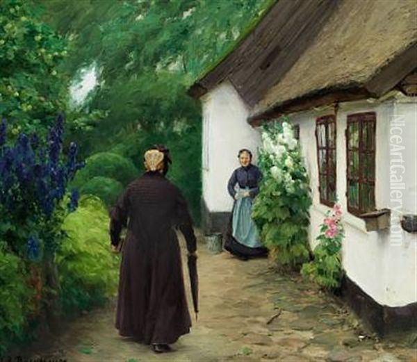 Two Women In Front Of A Cottage On A Summer Day Oil Painting by Hans Andersen Brendekilde