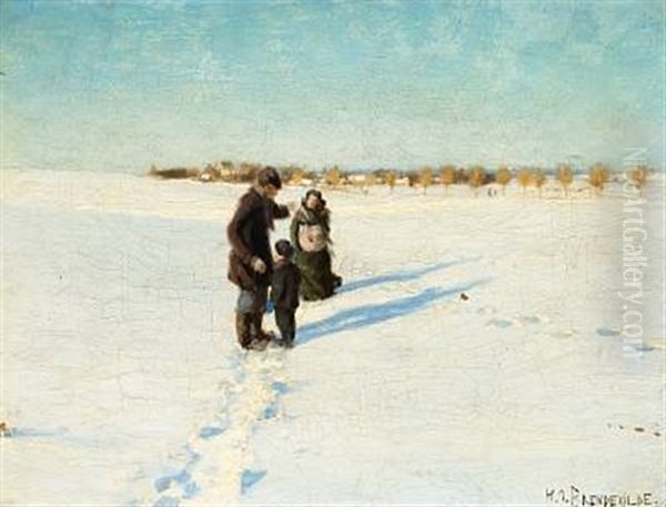 Sunny Winter Day With A Man, A Woman And A Little Boy In The Field On The Outskirts Of The Village Oil Painting by Hans Andersen Brendekilde