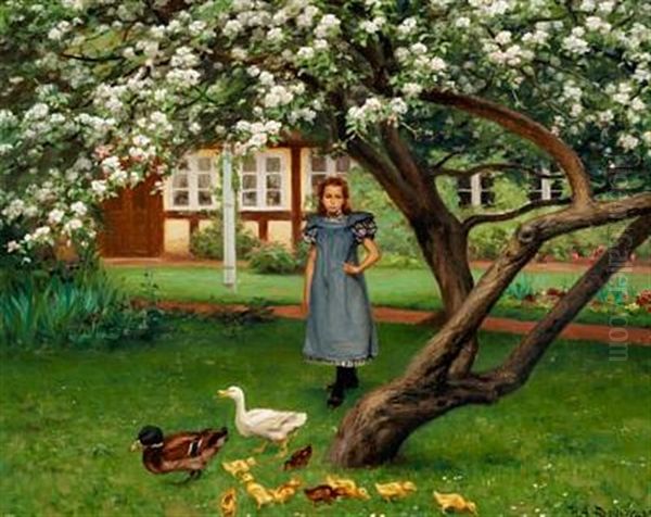 A Young Girl Standing Under An Apple Tree In Bloom Oil Painting by Hans Andersen Brendekilde