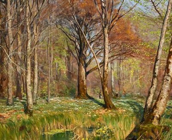 Children In A Spring Forest With Anemones In Bloom Oil Painting by Hans Andersen Brendekilde