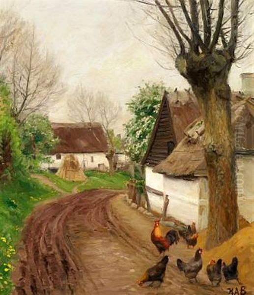 Fowls Under A Tree Near A Whitewashed Cottage Oil Painting by Hans Andersen Brendekilde