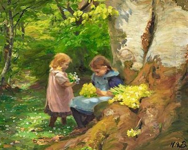 Springtime With Two Girls Picking Anemones And Primroses In Hunnerup Forest Near Odense Oil Painting by Hans Andersen Brendekilde