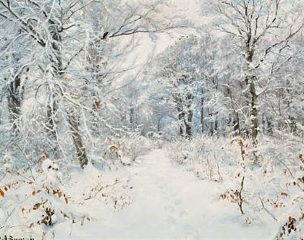 A Winter's Day In The Forest With Newly-fallen Snow Oil Painting by Hans Andersen Brendekilde