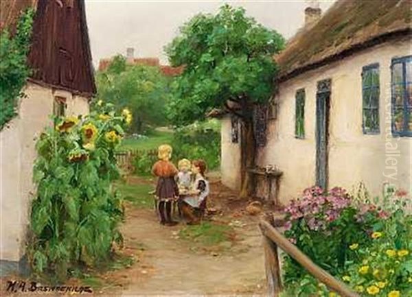 Legende Born Foran Et Bondehus, Til Venstre Blomstrende Solsikker Oil Painting by Hans Andersen Brendekilde