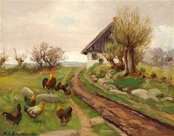 Fritgaende Hons Ved Et Strataekt Hus Oil Painting by Hans Andersen Brendekilde