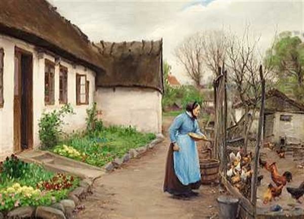 Honsene Fodres Oil Painting by Hans Andersen Brendekilde