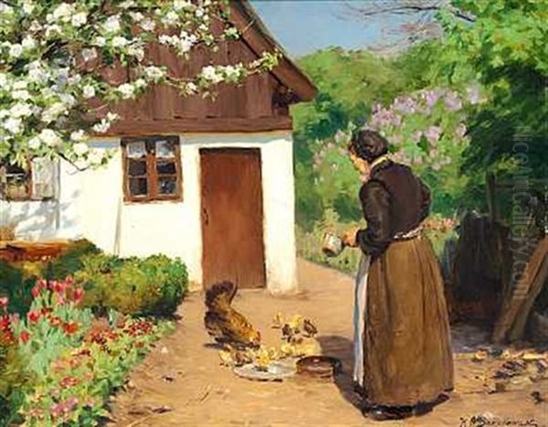 Honsene Fodres, En Forarsdag Med Nyudsprungne Syrener Og Aebletraeer Oil Painting by Hans Andersen Brendekilde