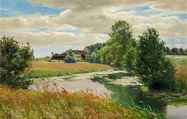 Sommerlandskab Med Kirke Og Huse Ved En A (fra Odense?) Oil Painting by Hans Andersen Brendekilde