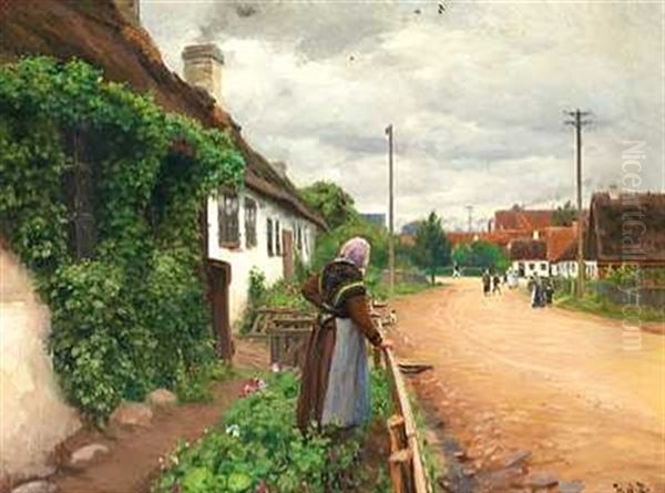 En Gammel Kone Betragter Landsbyens Legende Born Oil Painting by Hans Andersen Brendekilde