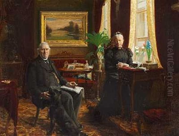 Interior Med Grosserer F. A. Schnakenburg Og Hustru Sophie Amalie Bondo I Deres Klunkehjem Pa Vestergade 35 I Odense Oil Painting by Hans Andersen Brendekilde