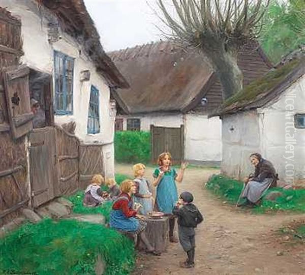 Landsbygade Med Born, Der Blaeser Saebebobler Oil Painting by Hans Andersen Brendekilde