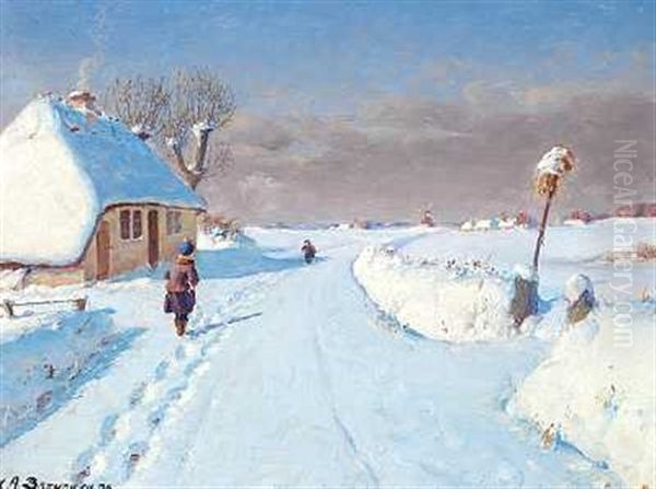 Solbeskinnet Landevej I Udkanten Af En Landsby, Vinter Oil Painting by Hans Andersen Brendekilde