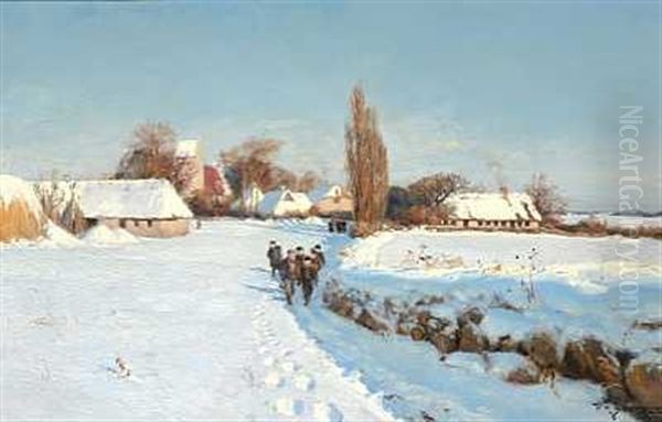 En Solrig Vinterdag Med Skoleborn Pa Vej Ud I Sneen Oil Painting by Hans Andersen Brendekilde