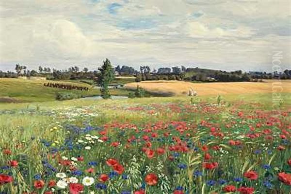 Blomstermark Med Kornblomster, Valmuer Og Margueritter Oil Painting by Hans Andersen Brendekilde