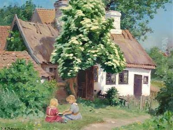 Sommerdag Med Legende Smapiger Foran Et Bondehus Oil Painting by Hans Andersen Brendekilde