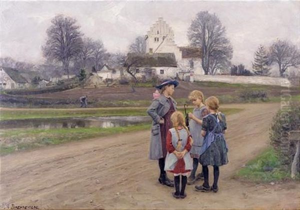 Hjembaek Gade Oil Painting by Hans Andersen Brendekilde