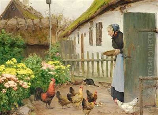 Honsene Fodres Oil Painting by Hans Andersen Brendekilde