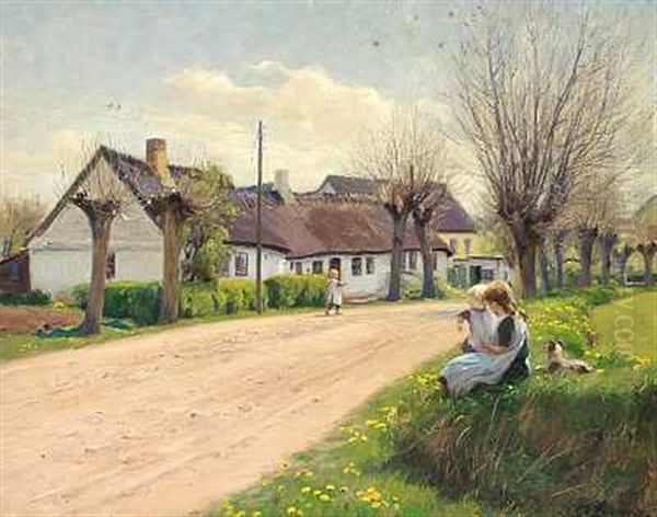 Forar I Landsbyen Med Sma Piger I Vejkanten Oil Painting by Hans Andersen Brendekilde