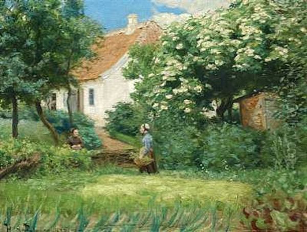 Sommerdag I Haven. To Kvinder I Samtale Ved Blomstrende Kastanjetrae Oil Painting by Hans Andersen Brendekilde