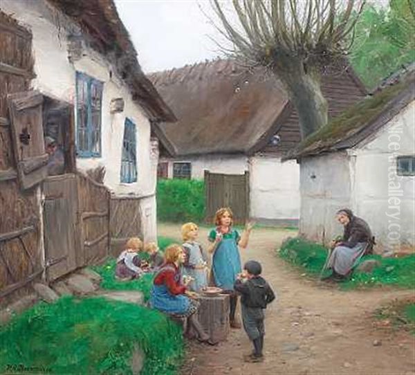 Landsbygade Med Bedstemor Og Born, Der Puster Saebebobler Oil Painting by Hans Andersen Brendekilde