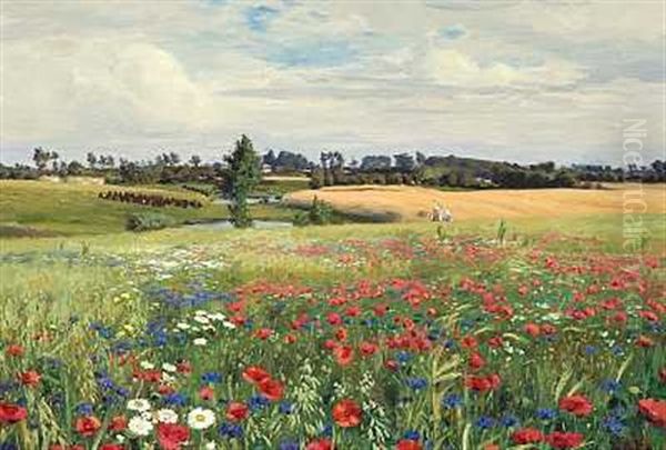 Blomstermark Med Kornblomster, Valmuer Og Margueritter Oil Painting by Hans Andersen Brendekilde