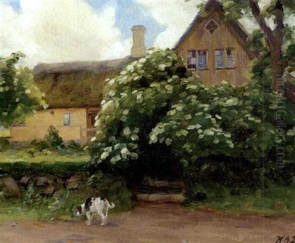 Blomstrende Hyldebusk Og Hund Ved Indgangen Til En Strataekt Gard I Landsbyen Oil Painting by Hans Andersen Brendekilde