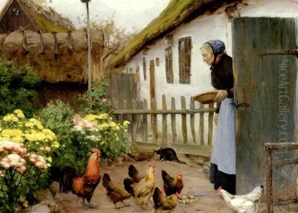 Honsene Fodres Oil Painting by Hans Andersen Brendekilde