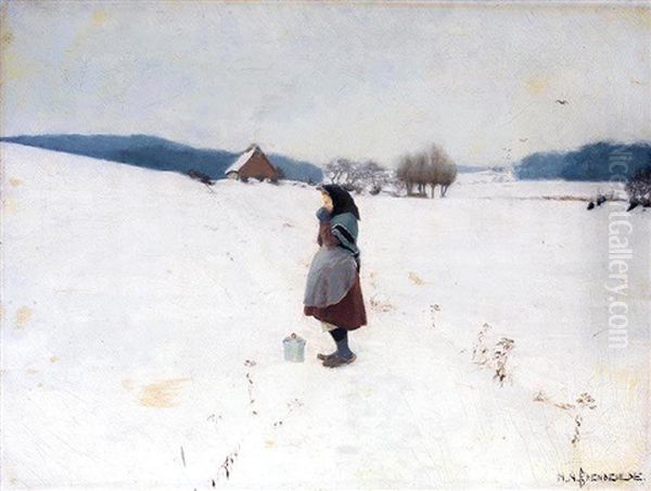 En Spadseretur I Sneen (a Walk In The Snow) Oil Painting by Hans Andersen Brendekilde