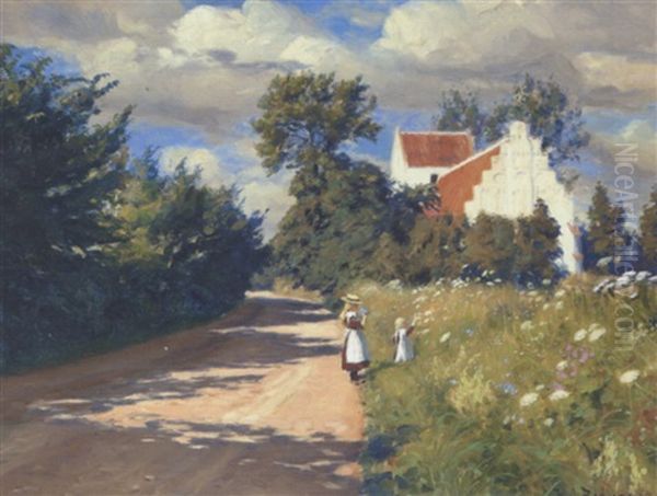 Smapiger, Der Plukker Blomster Ved Brendekilde Kirke En Sommerdag by Hans Andersen Brendekilde