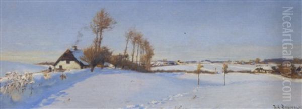 Hvidkalket Bondehus I Solbeskinnet Vinterlandskab Oil Painting by Hans Andersen Brendekilde